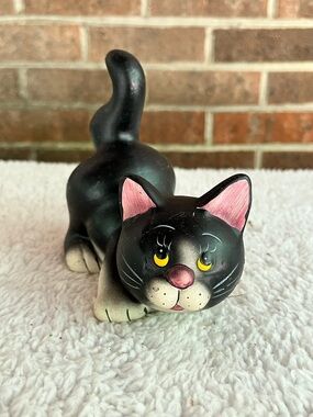 Ceramic Black Cat Figurine With Playful Pose Similar To Suzi Skoglund Style
